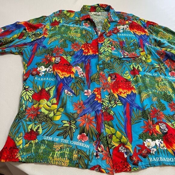 Mens Hawaiian Shirt Gem Of the Caribbean Barbados Carmens Size XL Macaw - Picture 5 of 8